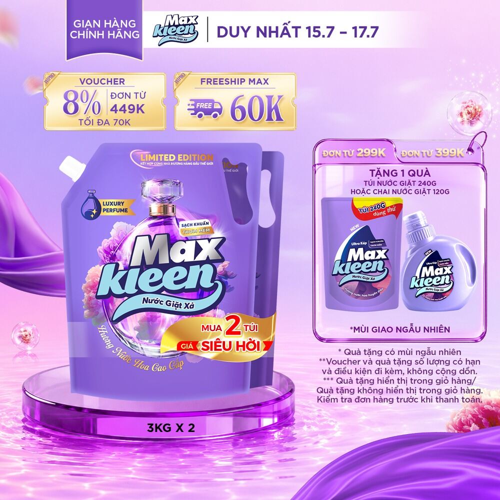 [MỚI RA MẮT] Combo Nước giặt xả MaxKleen Hương nước hoa cao cấp 3kgx2 – Phiên bản giới hạn mới.