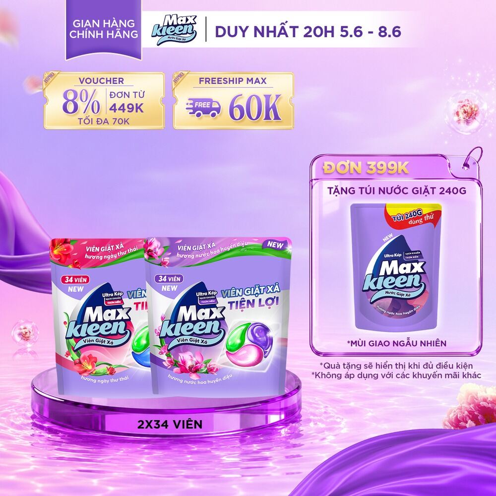 Combo 2 Túi Viên Giặt Xả MaxKleen Hương Huyền Diệu + Hương Ngày Thư Thái (34 viên/túi)