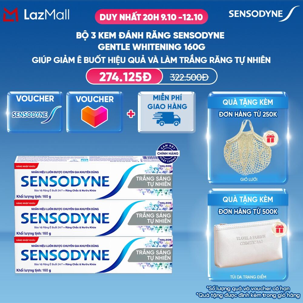 Bộ 3 Kem đánh răng SENSODYNE Gentle Whitening 160g giúp giảm ê buốt hiệu quả và làm trắng răng tự nhiên