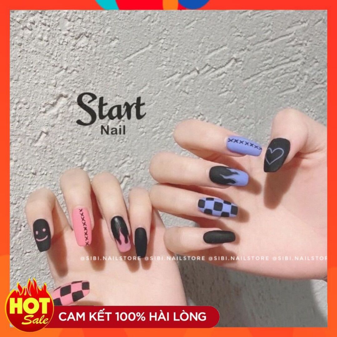 Bộ 24 Móng Tay Giả Hoạ Tiết Mặt Cười Tặng Kèm Dụng Cụ Gắn Móng