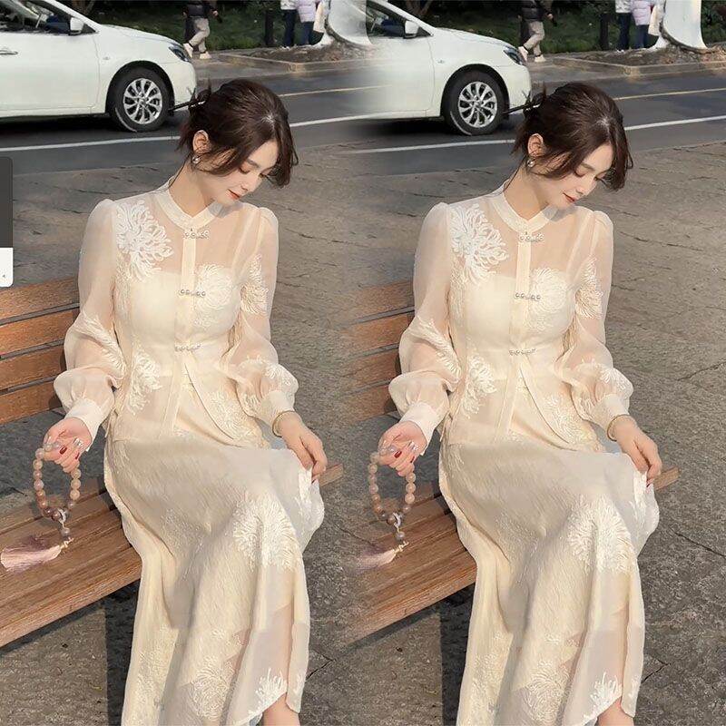 Bộ Váy Hai Mảnh Cổ Điển Trung Hoa Mới Cho Nữ Mùa Xuân 2026 Thời Trang Cổ Điển Phong Cách Trung Hoa Nút Áo Dài Nửa Thân Trên