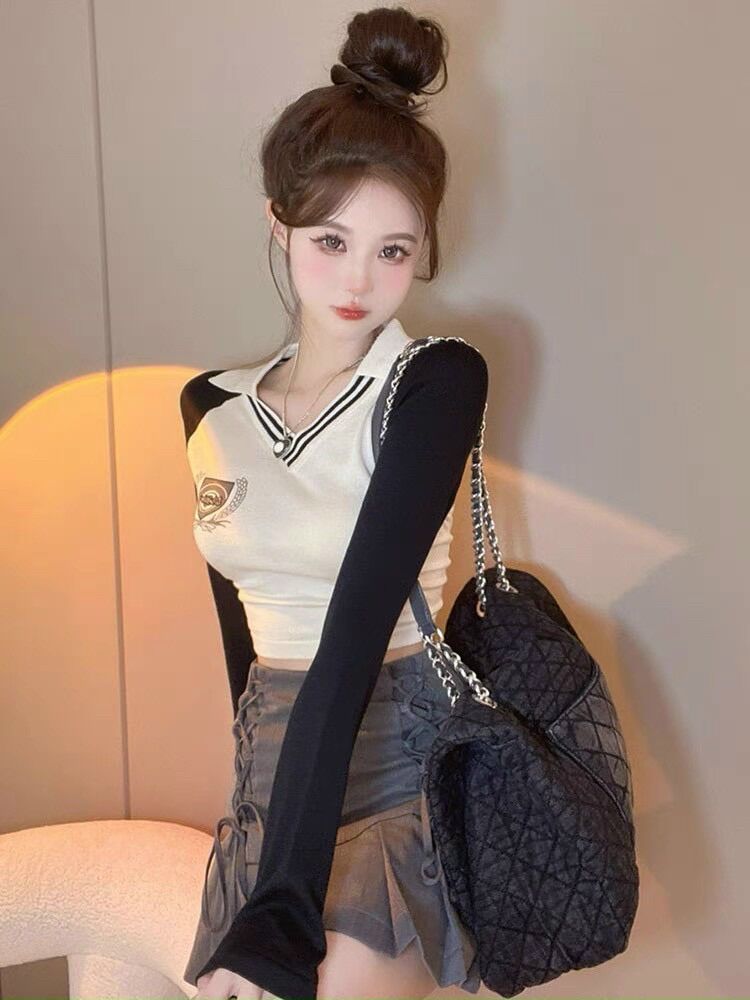 Áo croptop tay dài cổ bẻ học sinh BG