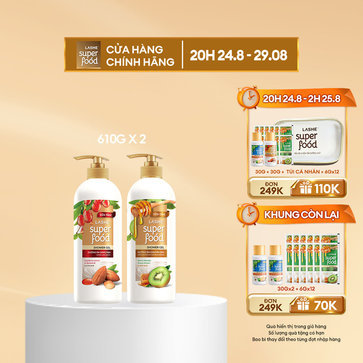 Combo sữa tắm lashe superfood dưỡng da sáng mịn 610g + sữa tắm lashe superfood dưỡng ẩm chuyên sâu 610g