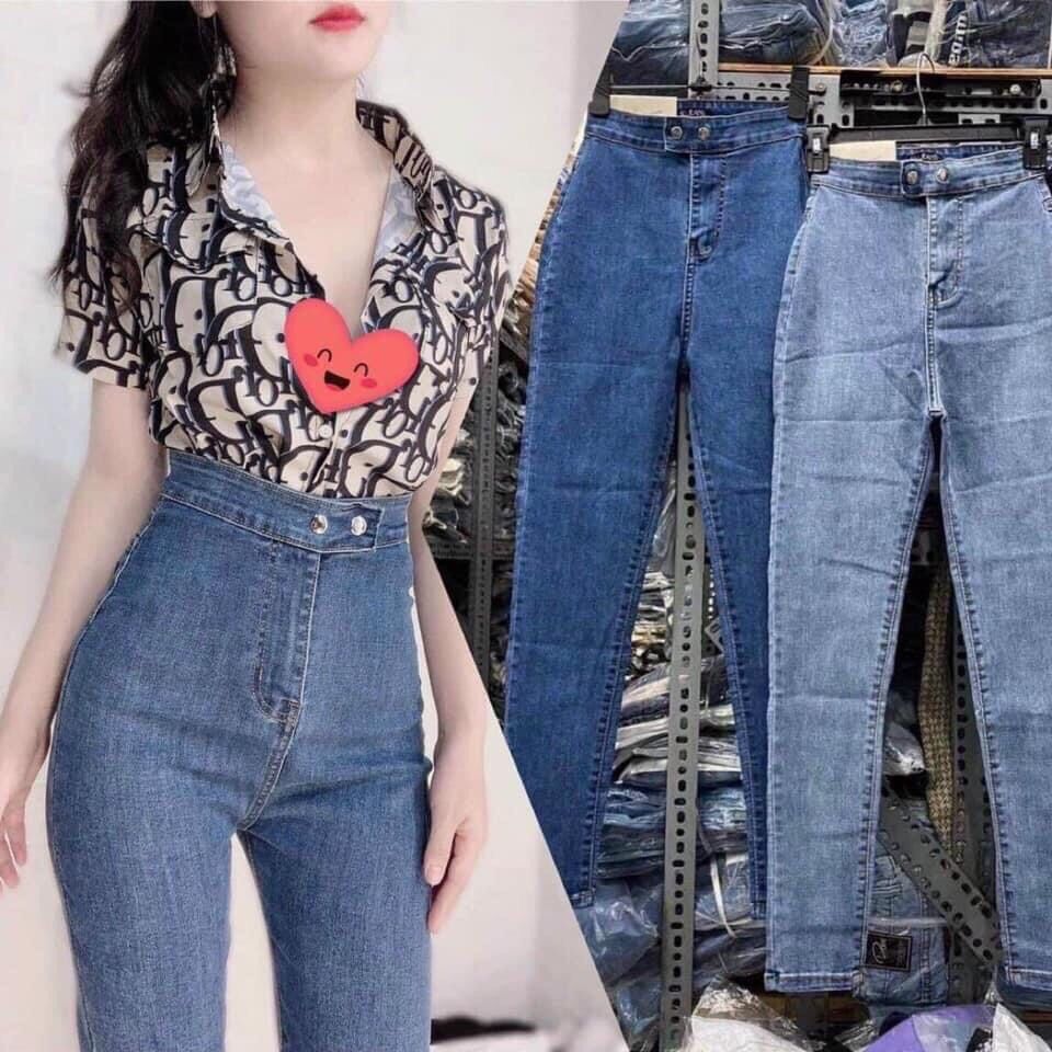 Quần jean lưng cap cao co dãn 2 nút