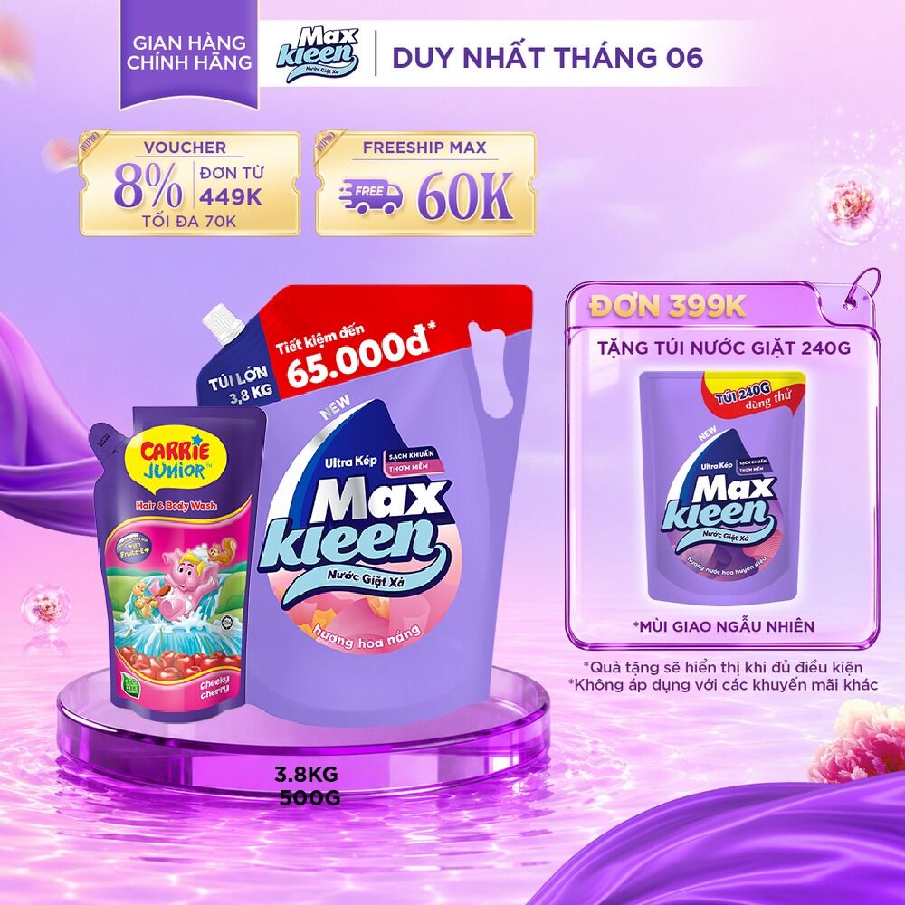 Combo Túi nước giặt MaxKleen 3.8kg + Túi sữa tắm cho bé Carrie Junior hương Cheeky Cherry 500g