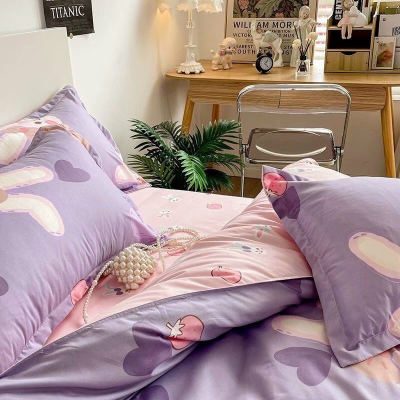 Bộ Chăn ga gối cotton poly - Mẫu thỏ tím.
