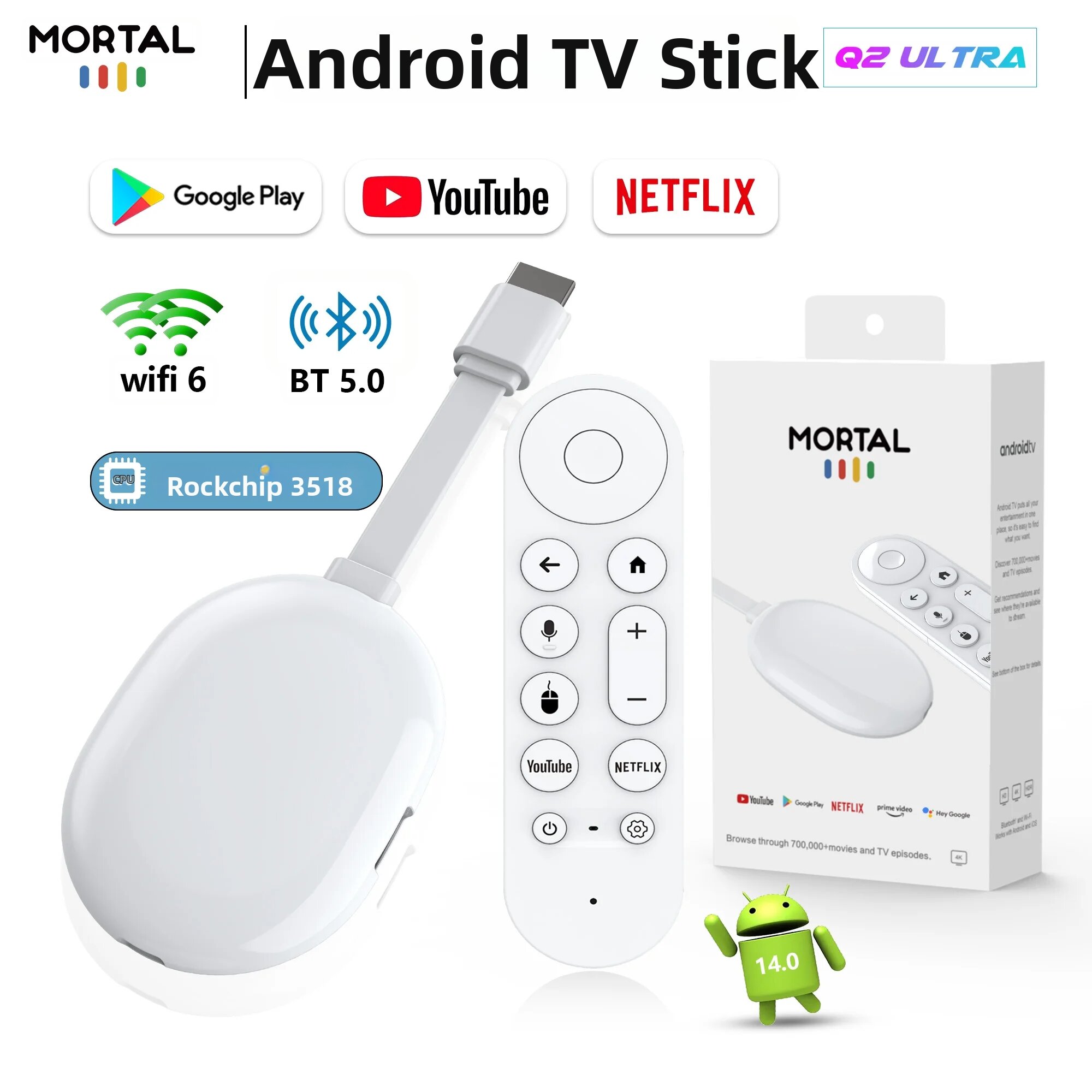 Thiết Bị Phát Trực Tuyến Giải Trí Gia Đình Mini Android 14 TV Stick Q2 Ultra 4K HDR Với Điều Khiển Giọng Nói BT5.0 Chromecast Wifi 6 2G 16G
