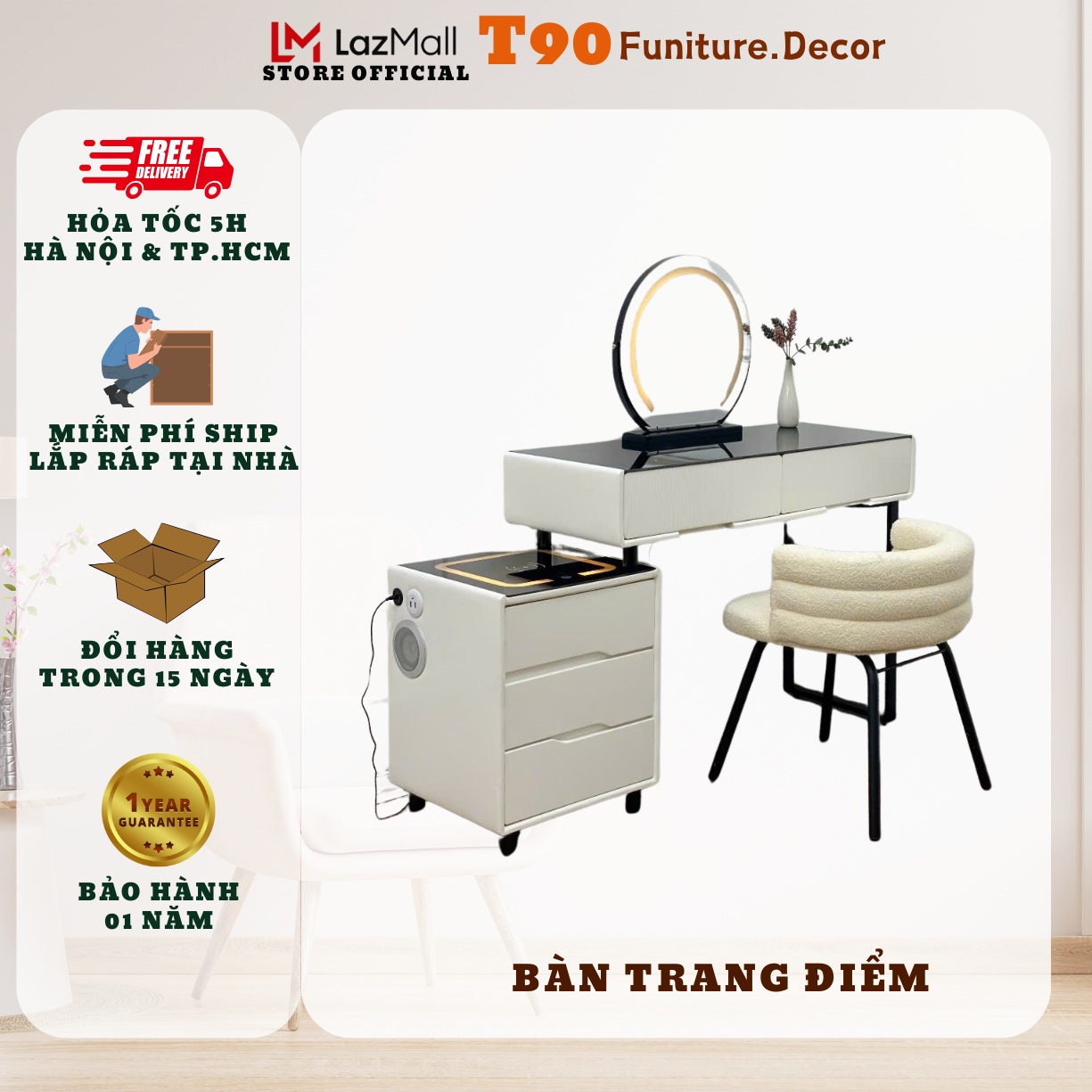 Bàn trang điểm hiện đại cho chung cư nhà phố, freeship, hàng nhập khẩu. Sạc không dây, loa bluetooth, gương led cảm ứng 3 màu. T90 BP36