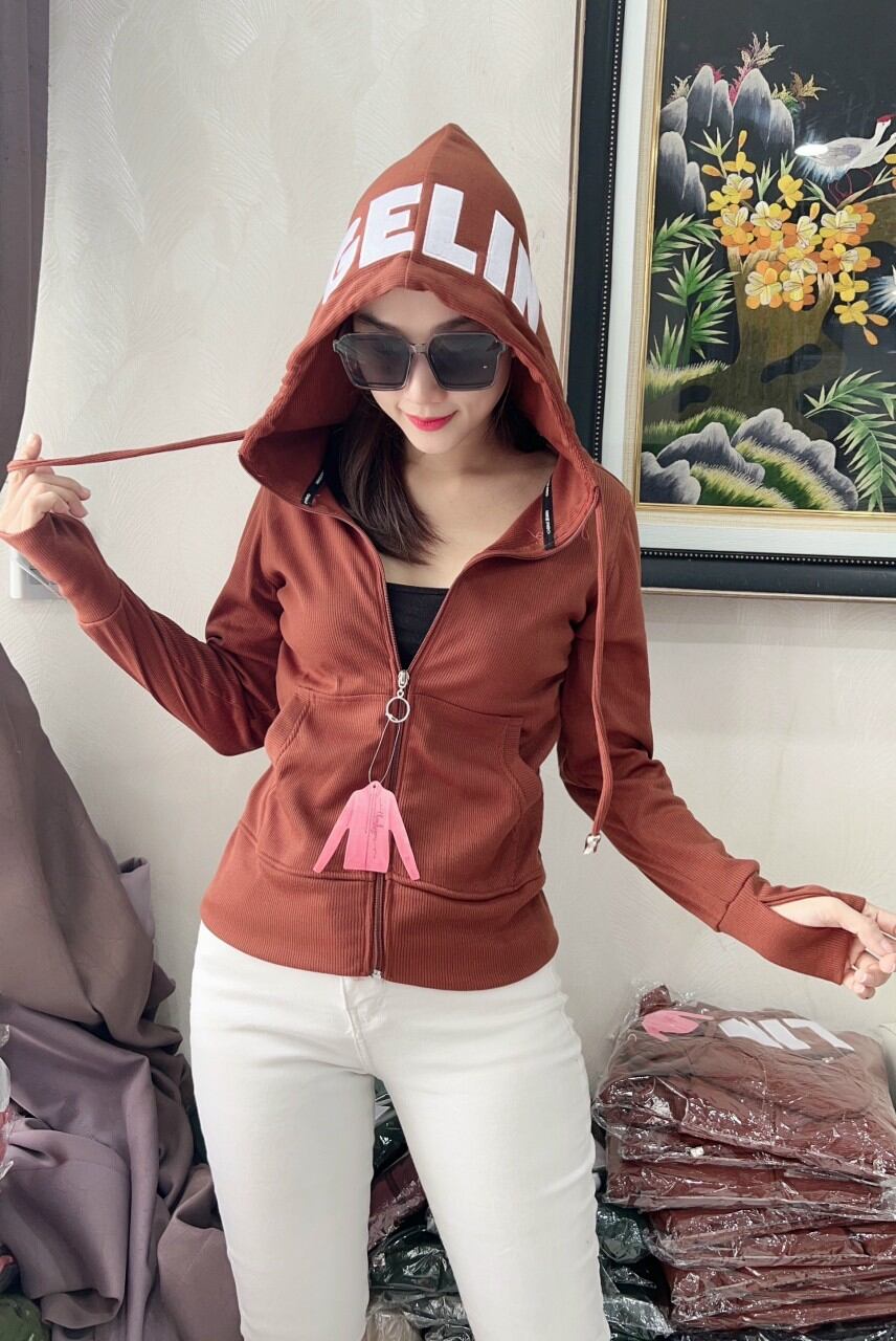 Áo khoác thun gân nhỏ phối chữ geline trên nón, vải dày dặn, 6 túi. áo khoác nữ vải thun gân gelin