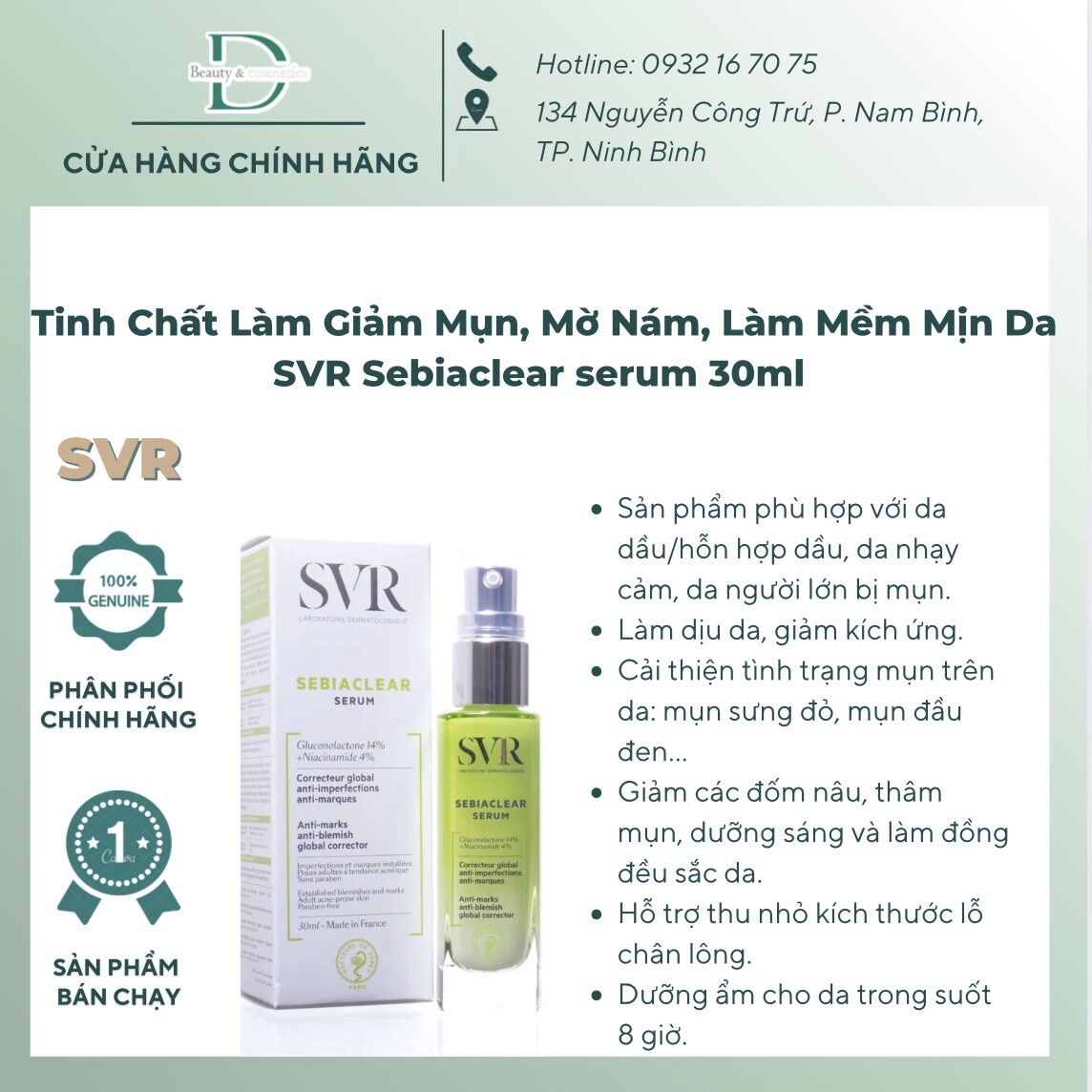 Tinh chất svr sebiaclear serum 30ml làm giảm mụn, mờ nám, làm mềm mịn da.