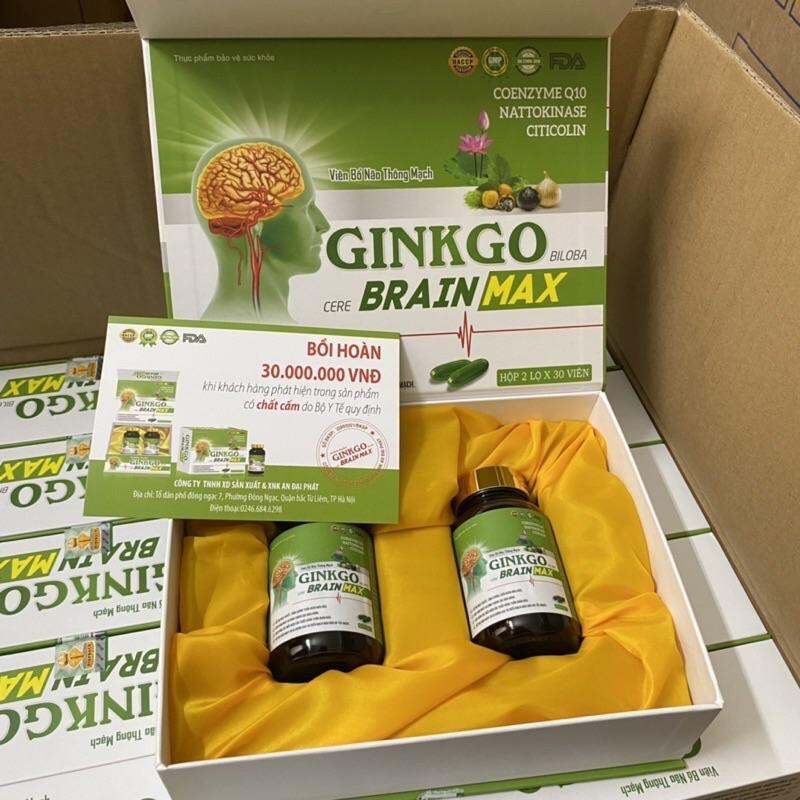 Viên bổ não thông mạch Ginkgo Biloba Cere Brain Max - Ginkgo 600mg giúp bổ não - Ginkgo Brain max Hộp 2 lọ x 30 viên