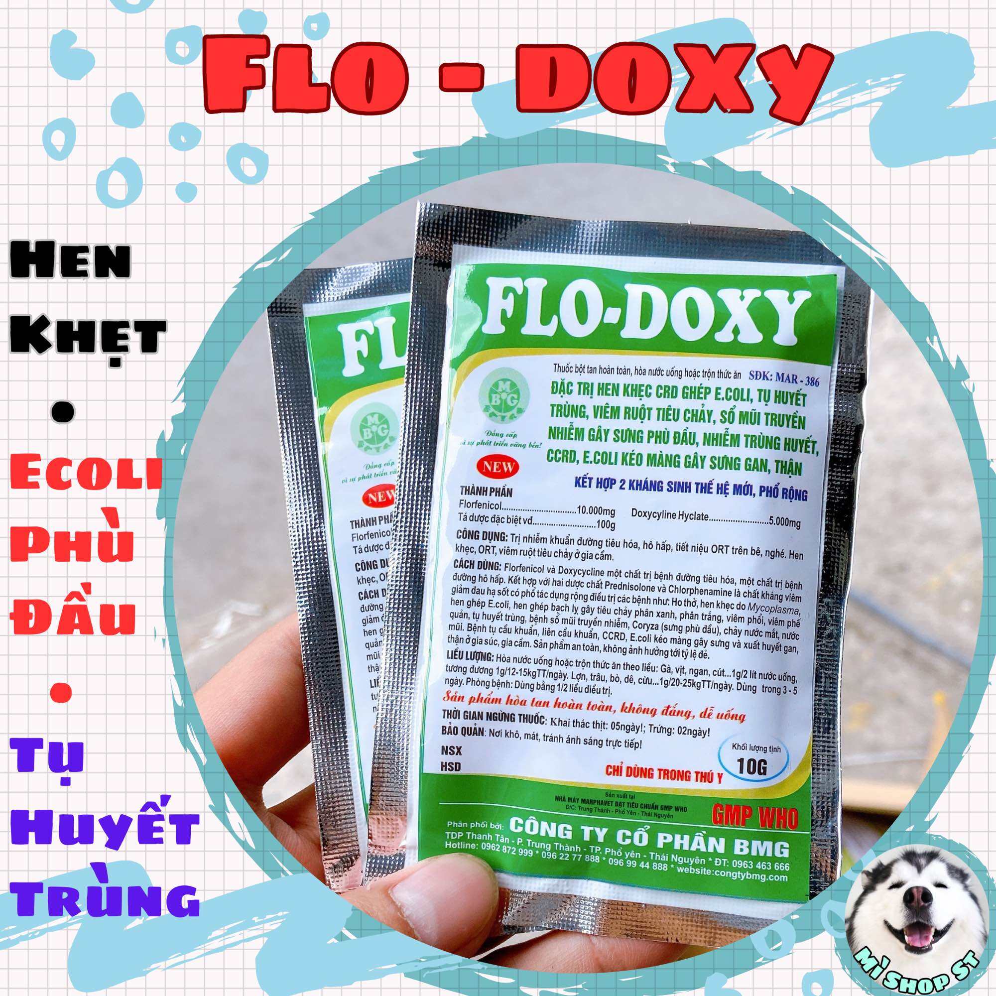 Flo doxy trị hen khẹt, viêm phổi kéo dài trên gà gói 10gram