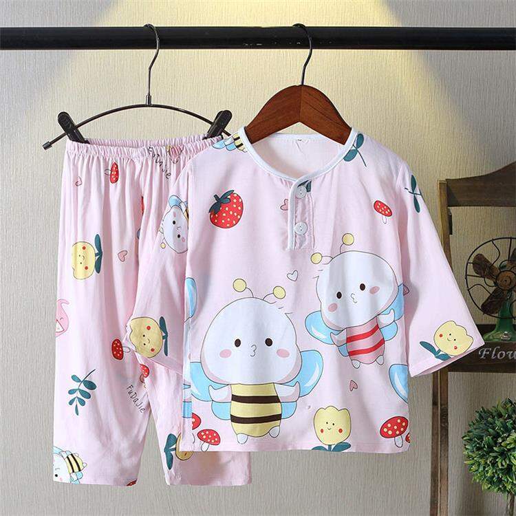Đồ Ngủ Trẻ Em Lụa Cotton Mùa Hè Bộ Đồ Bé Trai Bộ Đồ Mặc Nhà Điều Hòa Bé Gái Mỏng Tay Dài Lụa Thô Bé Gái Em Bé
