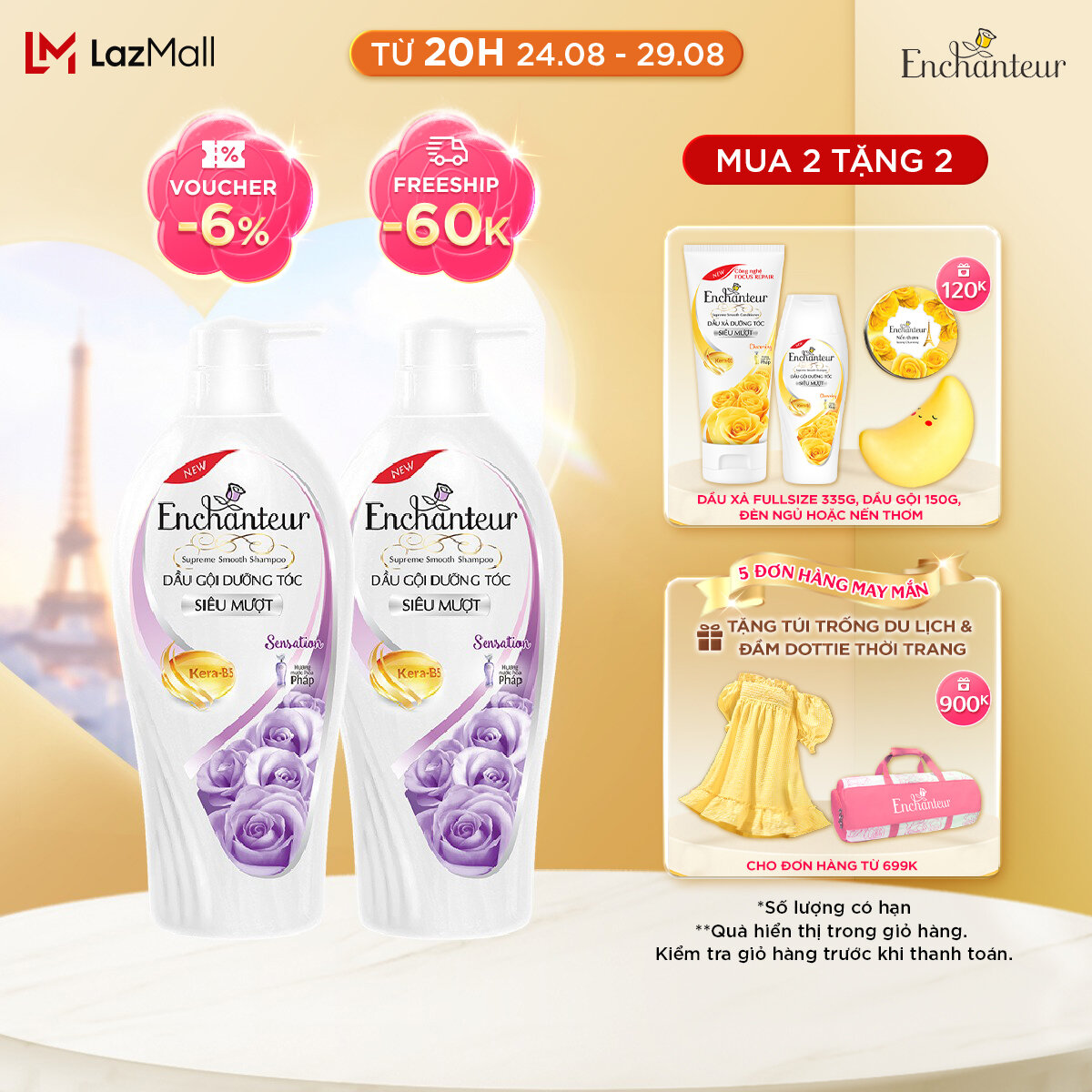 Combo 2 Dầu gội dưỡng tóc siêu mượt Enchanteur Sensation Keratin 650gr/Chai