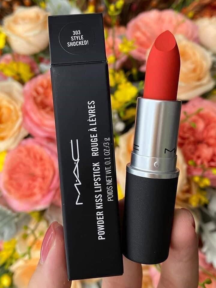 Son mac powder kiss màu 303 style shocked full box. màu đỏ thiên cam