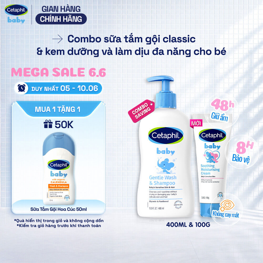 Combo Sữa tắm gội dịu lành cho bé CETAPHIL BABY GENTLE WASH  SHAMPOO 400ML  Kem làm dịu và dưỡng ẩm cho bé Cetaphil Baby Soothing  Moisturising Cream tuýp 100g