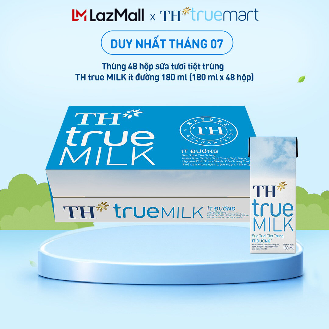 Thùng 48 hộp sữa tươi tiệt trùng TH true MILK ít đường 180 ml (180 ml x 48)