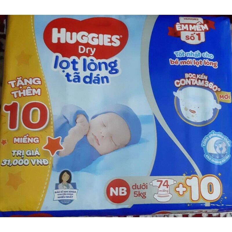 Tã dán sơ sinh Huggies Dry NB74 tặng 10 miếng