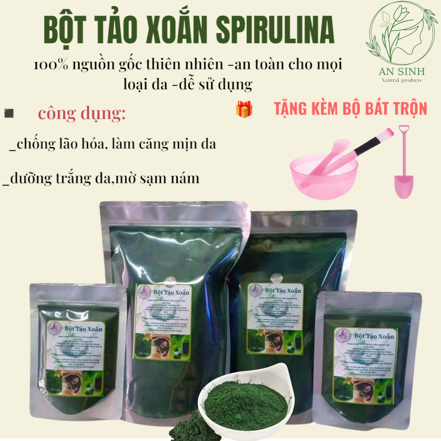 (tặng kèm bộ trộn)100g bột tảo xoắn làm trắng da, chống lão hóa
