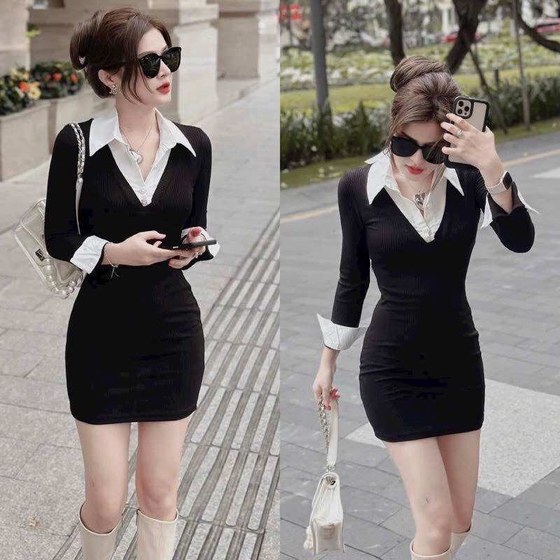 ĐẦM THUN PHỐI CỔ SƠ MI ÔM BODY CĂNG ĐÉT DSPM9