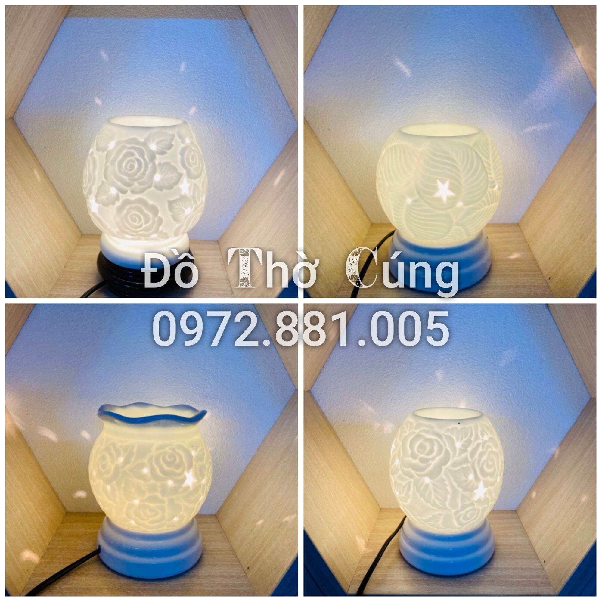 Đèn xông tinh dầu thấu quang khắc nổi men trắng, đèn ngủ ( tặng 1 bóng dự phòng)