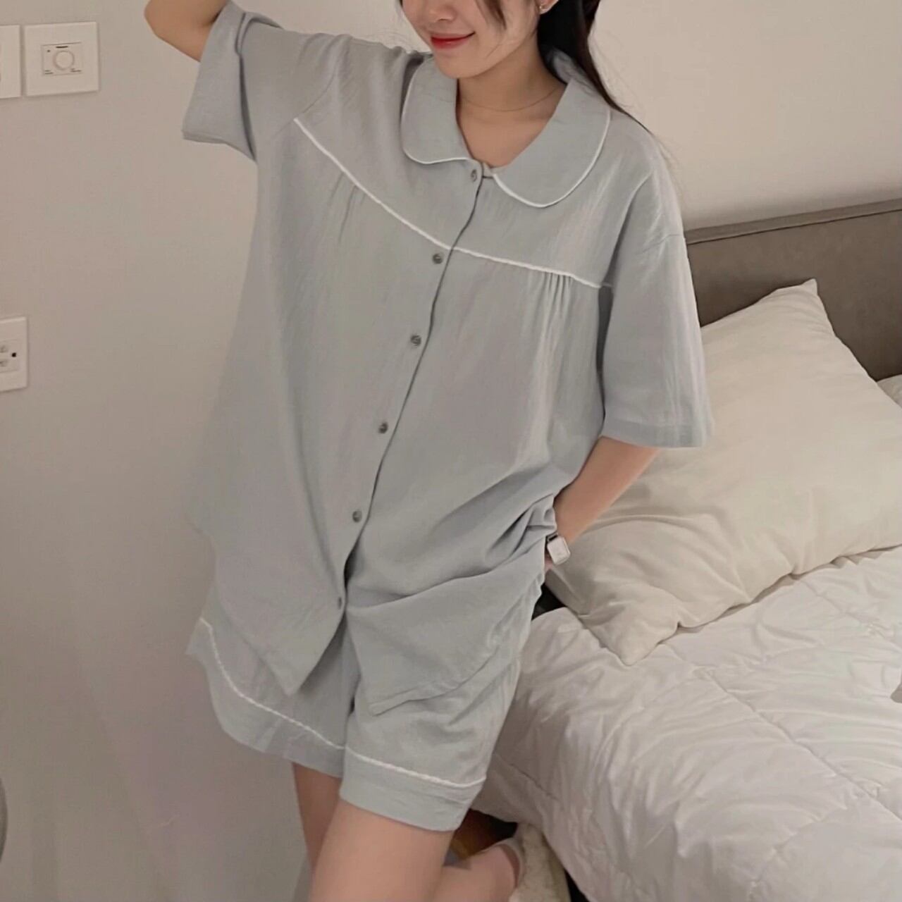 Sét bộ đùi Pyjama xốp cổ sen