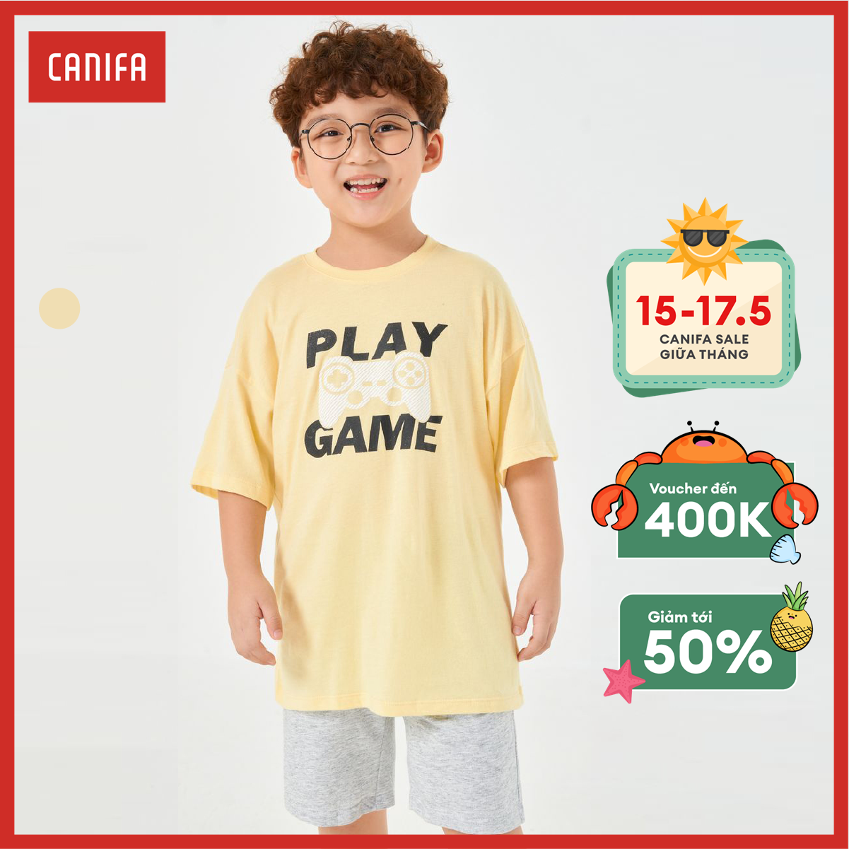 Bộ quần áo mặc nhà bé trai CANIFA Bộ quần áo mặc nhà bé trai in hình họa tiết dễ thương. 2LS22S018