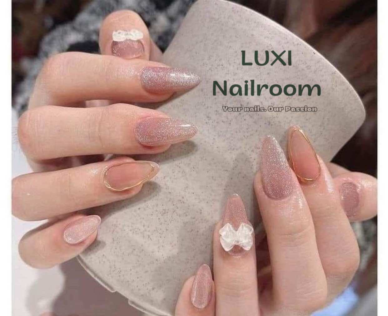 Nailbox - móng úp thiết kế mẫu thạch hồng mắt mèo charm nơ