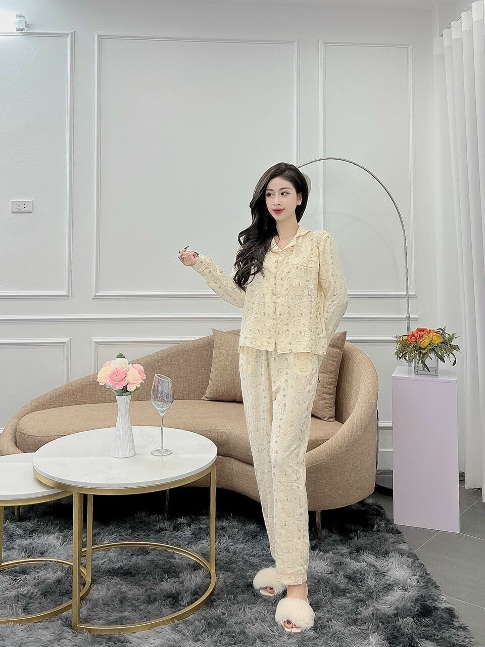 P02- Bộ pyjama dài tay, bộ đồ ngủ mặc nhà chất đũi xốp Hàn