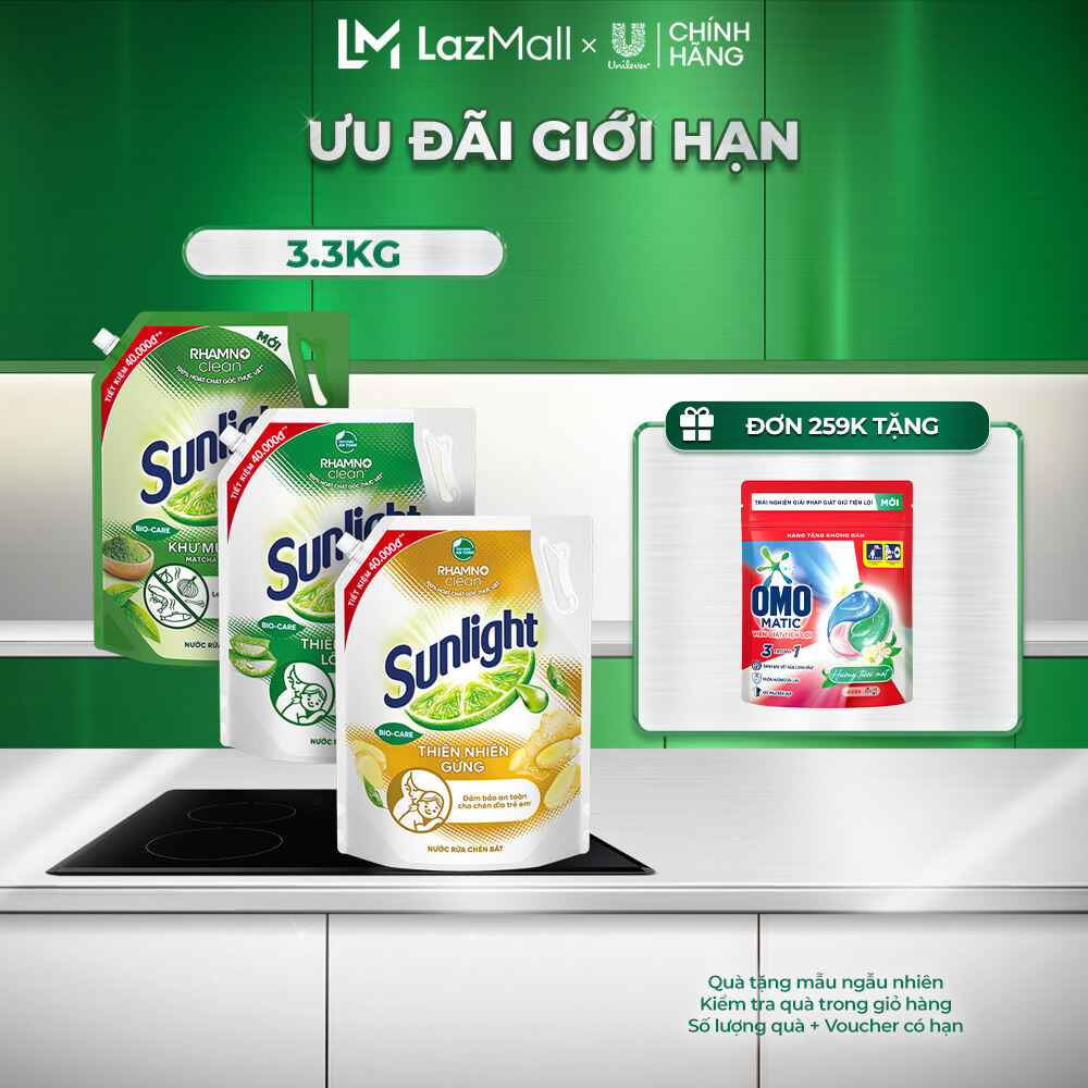 Nước rửa chén Sunlight Bio-care với thành phần từ 100% tự nhiên Túi 3.3kg