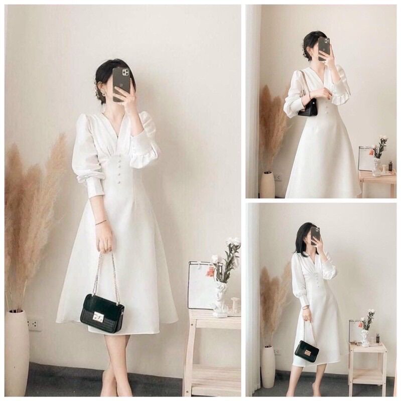 Váy tiểu thư cúc bọc tay bồng / minashouse.hn