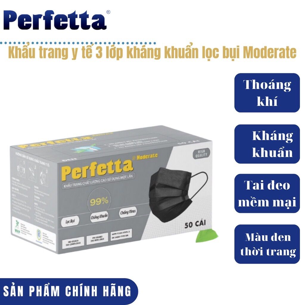 Khẩu trang y tế 3 lớp Perfetta Moderate kháng khuẩn lọc bụi màu đen