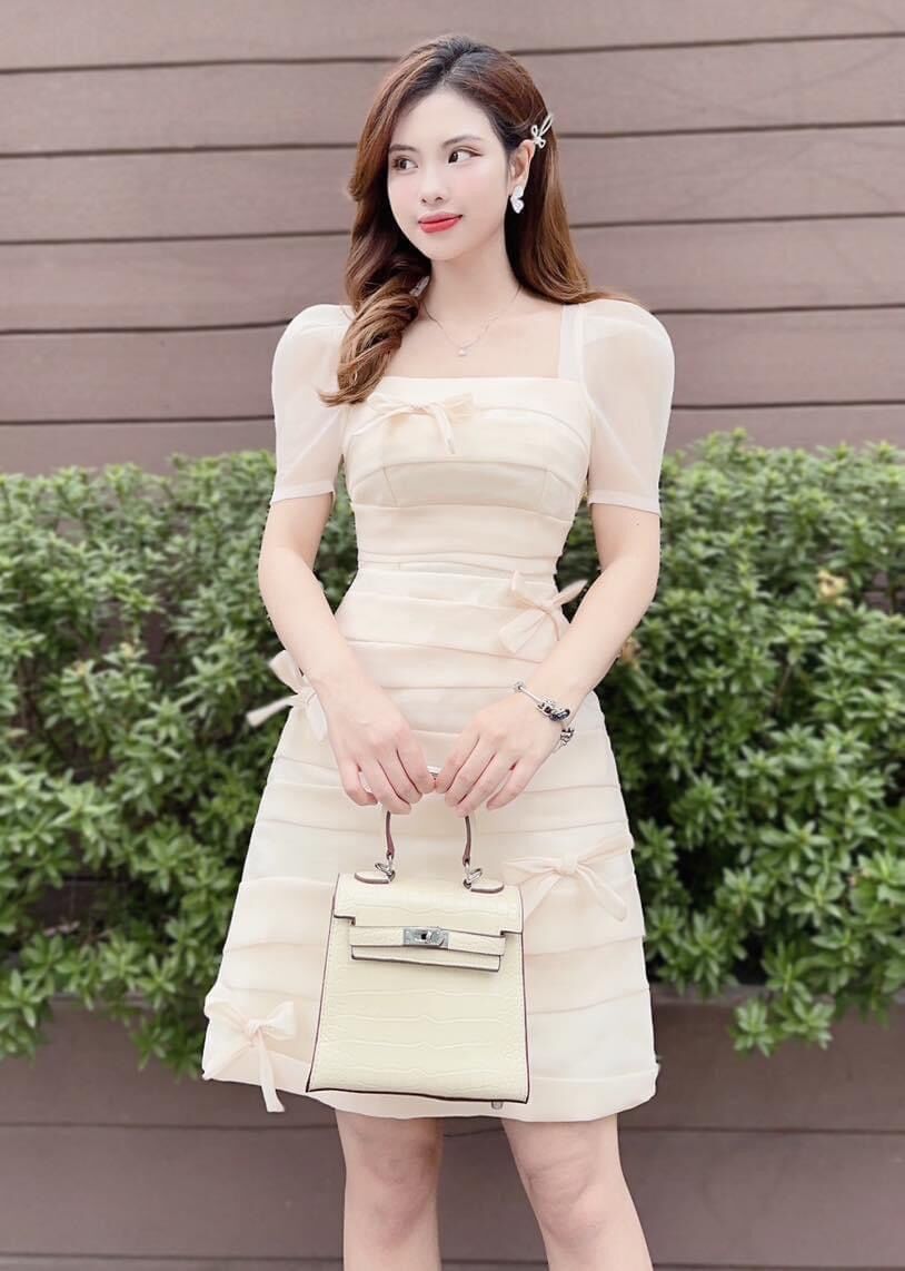Váy voan tơ nơ hàng dự tiệc cao cấp