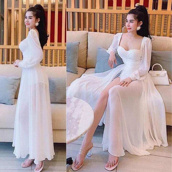 Jum maxi phối voan cổ u xẻ tà