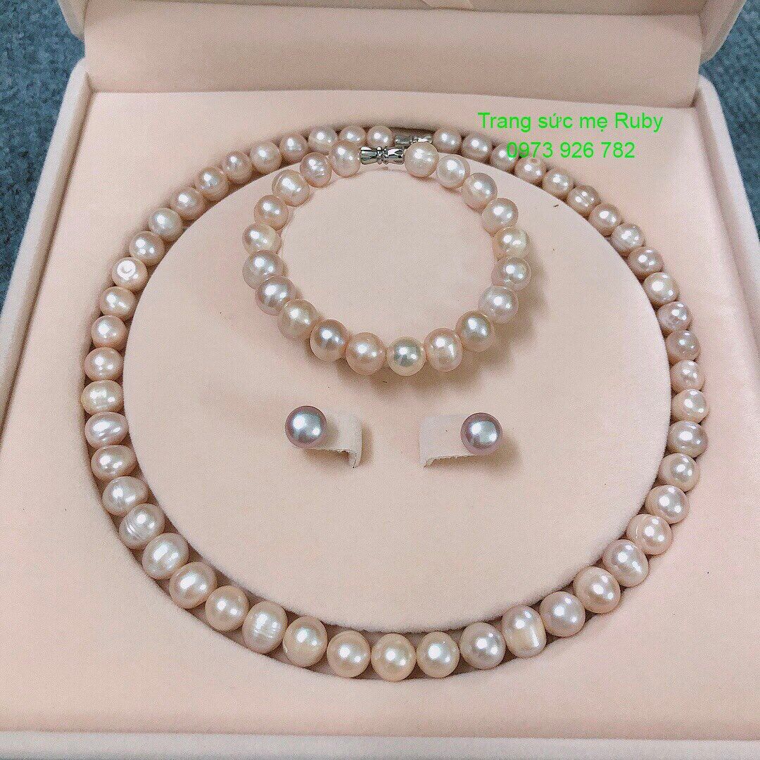 Bộ trang sức ngọc trai nuôi nước ngọt tự nhiên, hạt gần tròn size 9-10ly màu Trắng, Cam Hồng chuẩn A