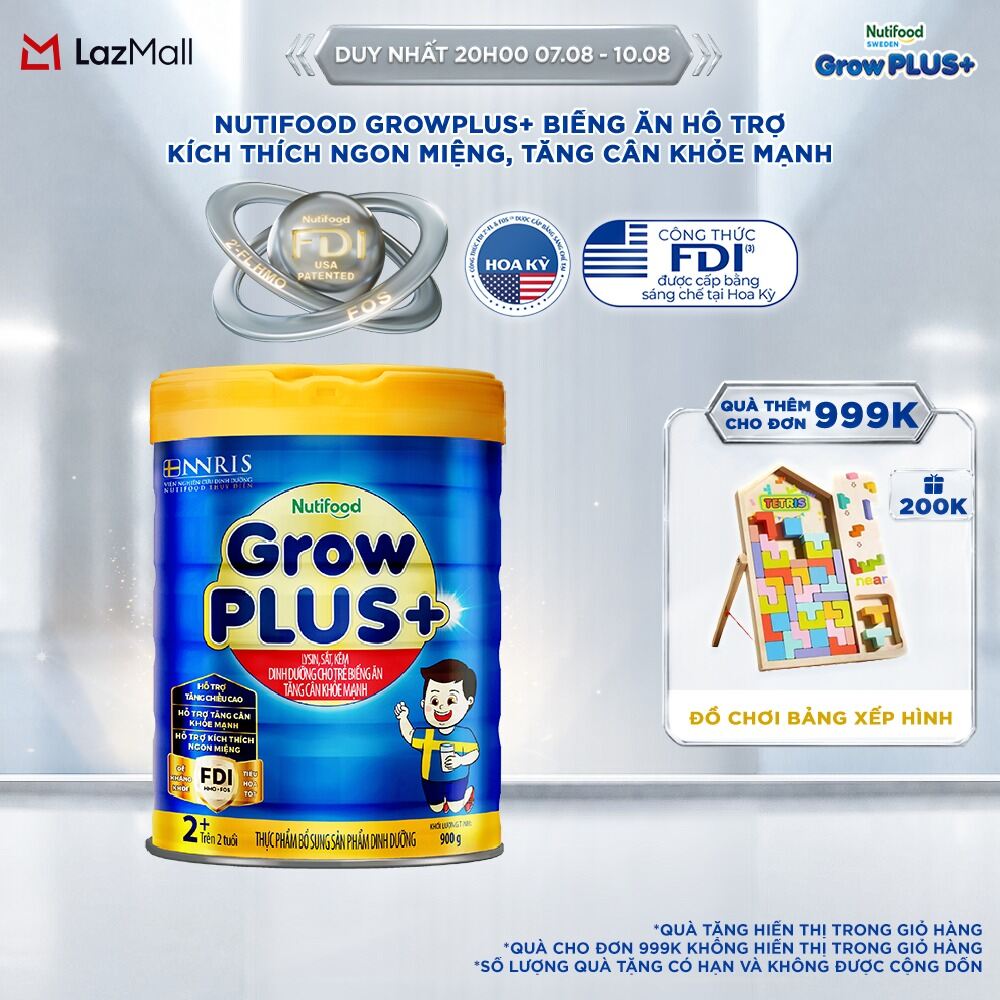 Sữa Bột Nutifood GrowPLUS+ Biếng Ăn (Xanh) 2+ - Hỗ trợ kích thích ngon miệng, tăng cân khỏe mạnh (Lon 900g)