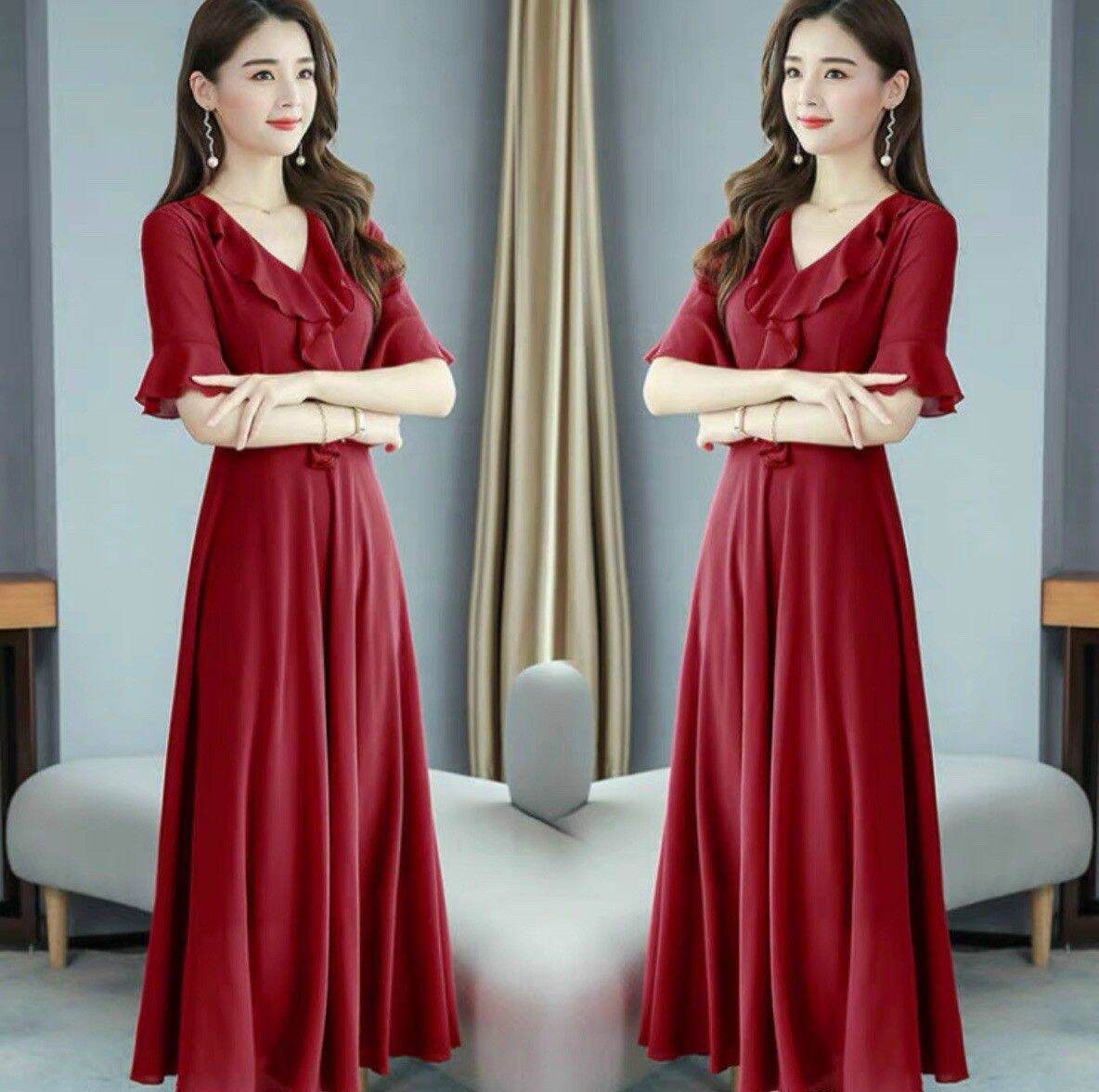 Đầm xòe dự tiệc cổ phối bèo chất voan ý hàng bao đẹp