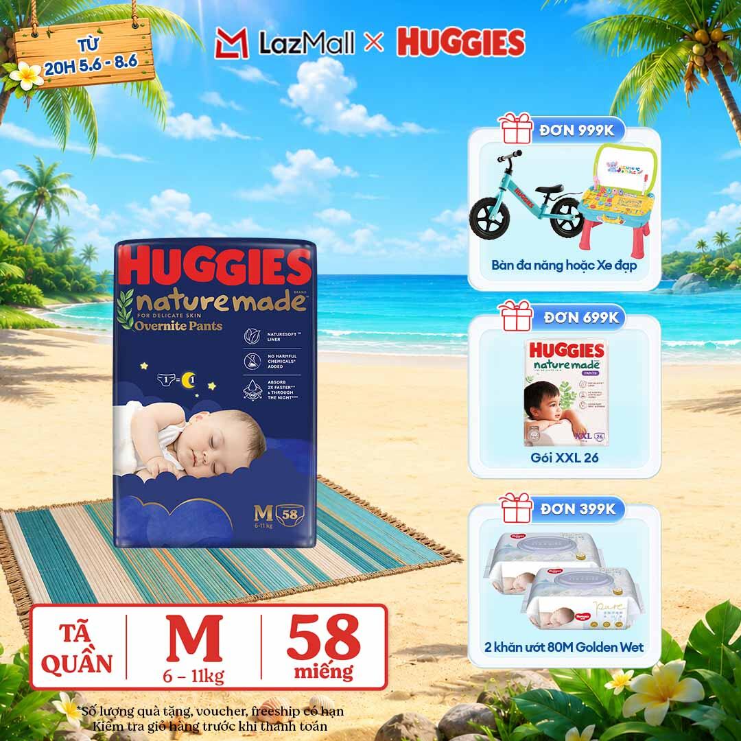 [CHỈ 9-10.6 QUÀ TẶNG ĐƠN 399K](Mua 1 tặng 1) Tã quần Huggies Naturemade ban đêm M58