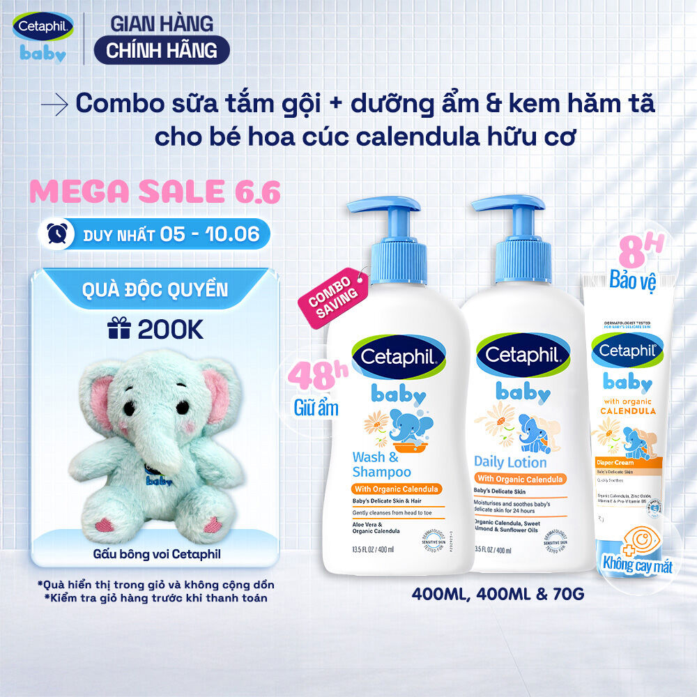 Bộ Sữa tắm gội 400ML + Sữa dưỡng ẩm 400ML + Kem chống hăm tã 70G CETAPHIL BABY WITH ORGANIC CALENDULA