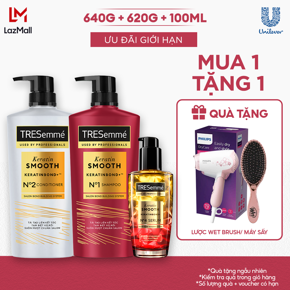 Combo Dầu Gội, Dầu Xả, Serum TRESemmé Keratin Smooth Keratinbond+ 640g, 620g, 100ml Cho Tóc Khô Xơ Rối Vào Nếp Suôn Mượt