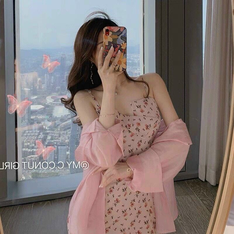 Set đầm 2 dây hoa kèm áo khoác sơ mi