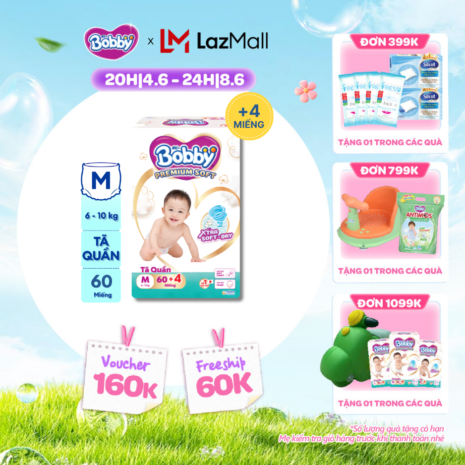 [QUÀ TẶNG HẤP DẪN TỪ 9-10.6][Tặng 4 miếng] Tã quần Bobby Premium Soft size M60