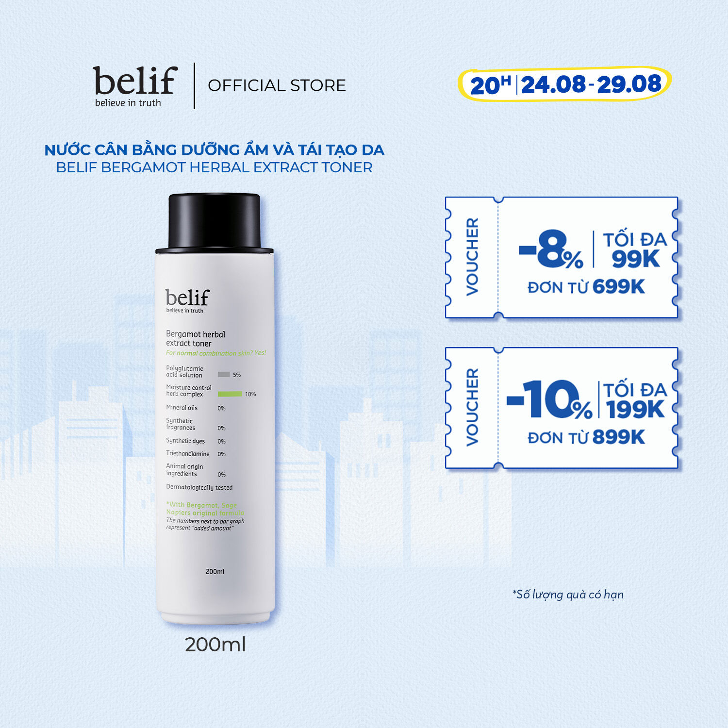 Nước cân bằng Cam Hương dưỡng ẩm và tái tạo da Belif Bergamot Herbal Extract Toner 200ml