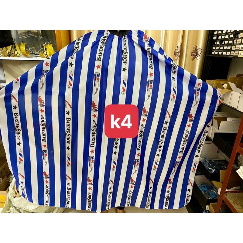 Khăn choàng cắt tóc nam trắng sọc xanh, áo choàng cắt tóc nam khổ 160 x 140cm.