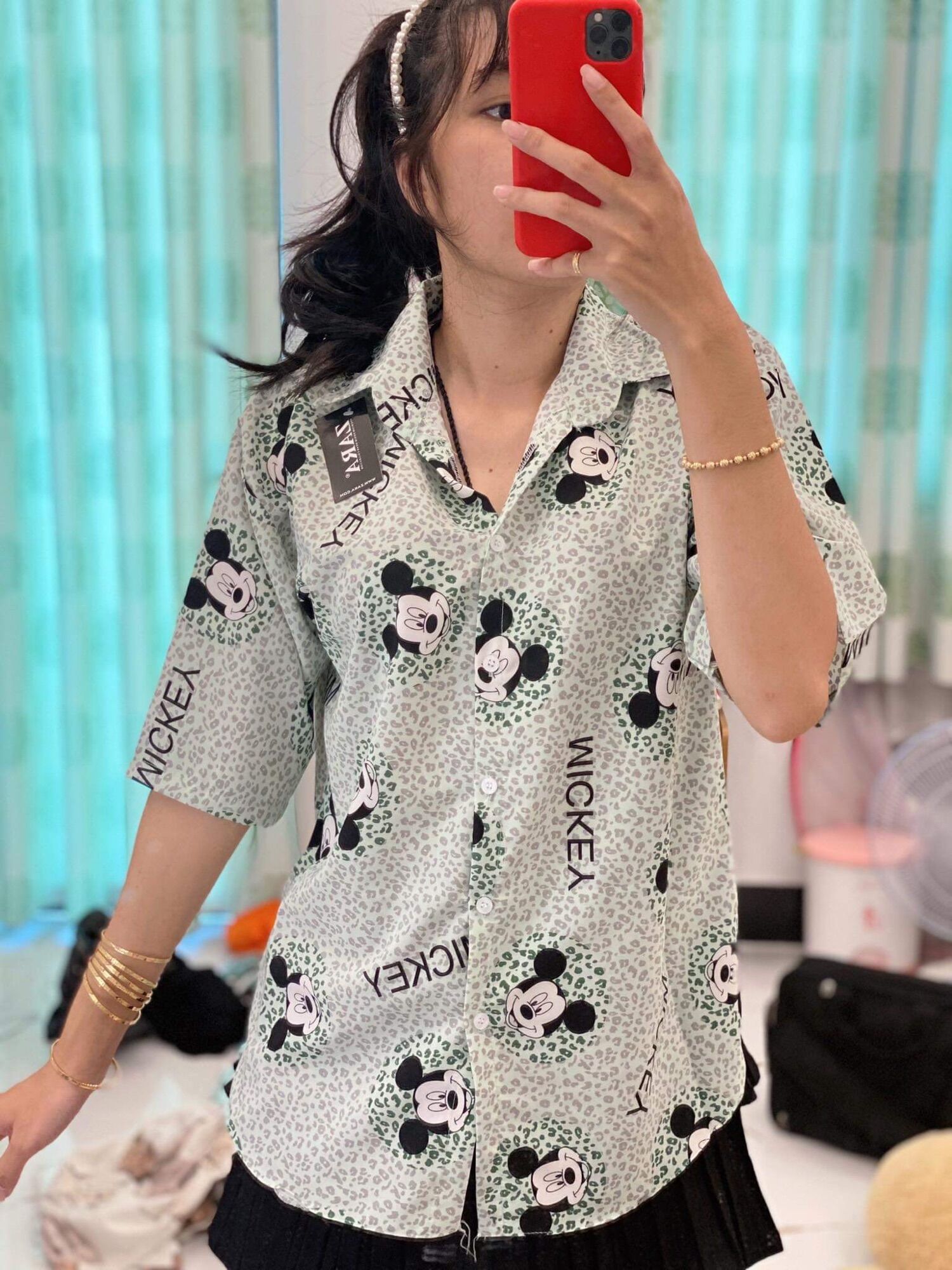 Áo sơmi lụa mickey xanh ❤️
