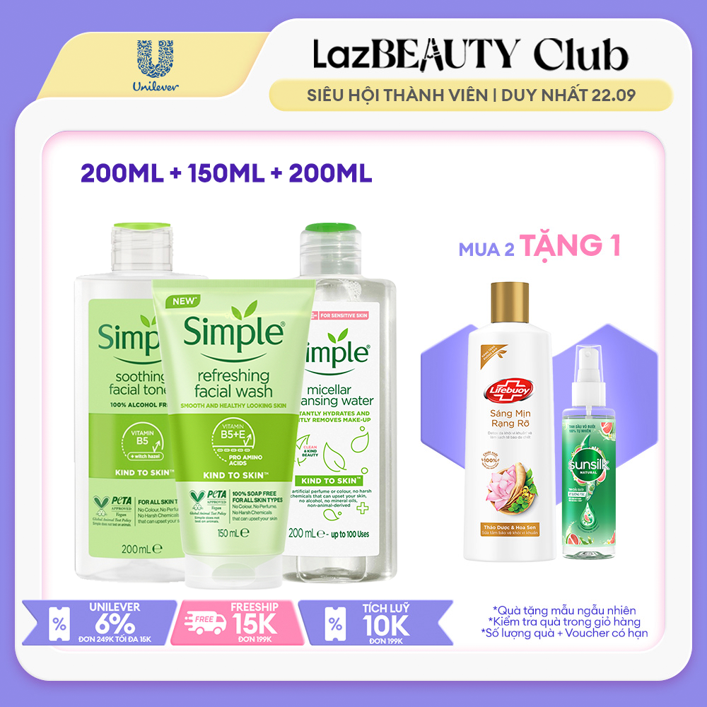 Combo Simple Tẩy trang Micellar 200ml Sữa rửa mặt 150ml Nước hoa hồng Toner 200ml cho da sạch khỏe đàn hồi