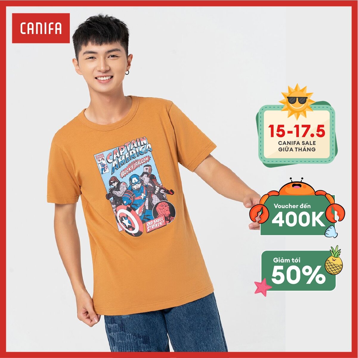 [15-17.5 VOUCHER TỚI 400K] Áo phông nam có hình in CANIFA 100% cotton, cổ tròn tra bo, tay cộc, phom regular. 8TS22W022
