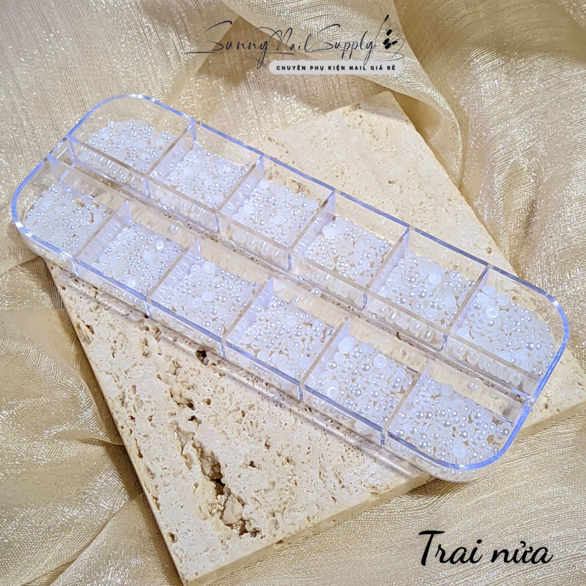 Khay phụ kiện hạt trai trắng trang trí móng tay nail hạt trai nửa và hạt trai tròn đủ size