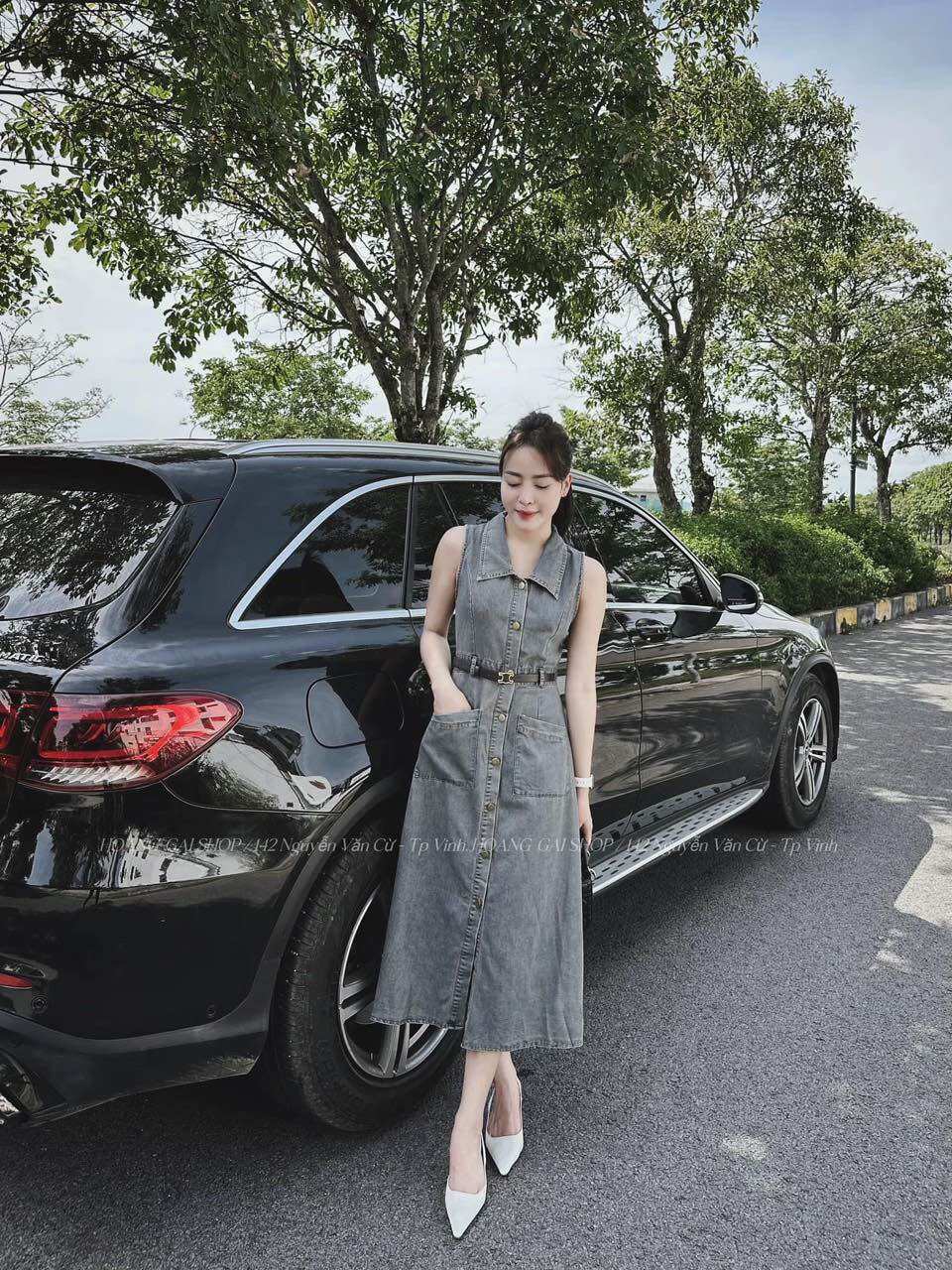 Váy đầm jeans sát nách midi kèm đai kh
