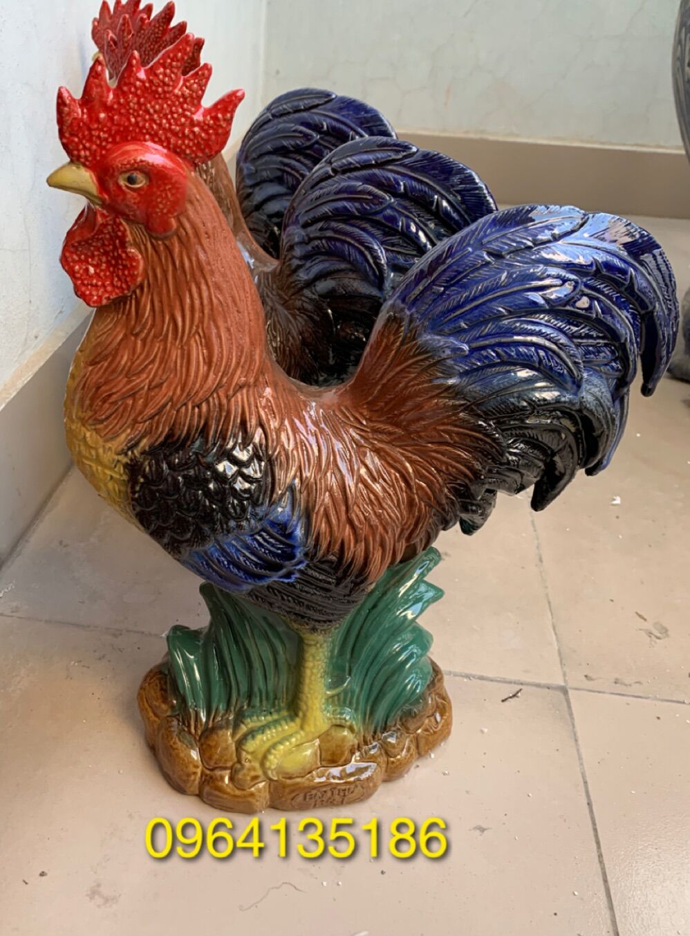 Tượng tiểu cảnh gà trống h40cm gốm sứ Bát Tràng
